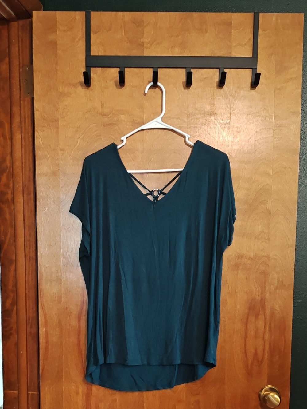 Papermoon Dark Green V-Neck Short Sleeve Top with Crisscross Back